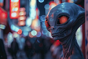 An extraterrestrial entity engages in telepathic communication amidst a bustling metropolis adorned with vibrant neon lights and hazy pedestrians. - obrazy, fototapety, plakaty