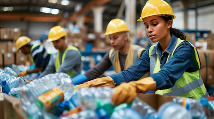 Group of Worker Sorting Recyclable Plastic trash in waste disposal Warehouse. Garbage sorting and recycling concept