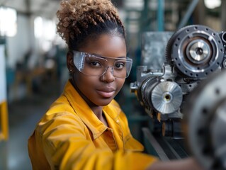 A woman wearing a yellow jacket and safety glasses is working on a machine. She is focused and determined, likely trying to fix or improve the machine