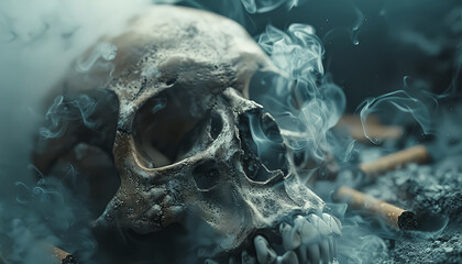 A skull is surrounded by smoke and ash