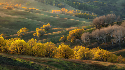 Yellow autumn trees on the green hills at sunset. 