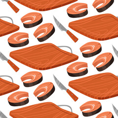 A pattern of fresh red fish steak is cut with a large knife on a wooden board. Ideal for demonstrating recipes, cooking tips, cooking tutorials. Seamless vector illustration. Chef's slicing of steak