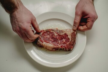 A man is holding a piece of meat on a plate