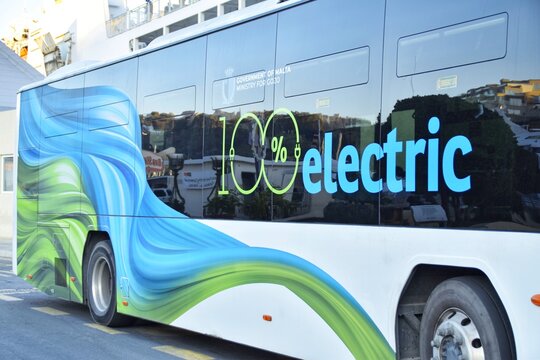 Gozo, Malta, Electric bus at a stop at the port.