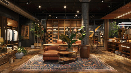 A large room with a brown couch and a potted plant