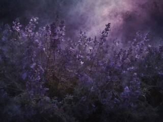 Dense field of lavender flowers sways gently under soft embrace of mystical, ethereal light that dances gracefully across delicate petals.