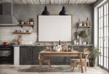 Wall blank mockup in kitchen interior background Farmhouse style 3d render