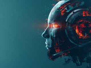 A futuristic face with a headset on it. The face is surrounded by a blue background. Concept of technology and innovation