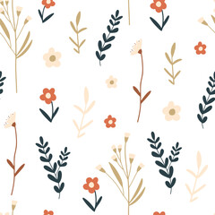 Seamless pattern with delicate flowers in doodle style. Handmade fabric, gift packaging.	
