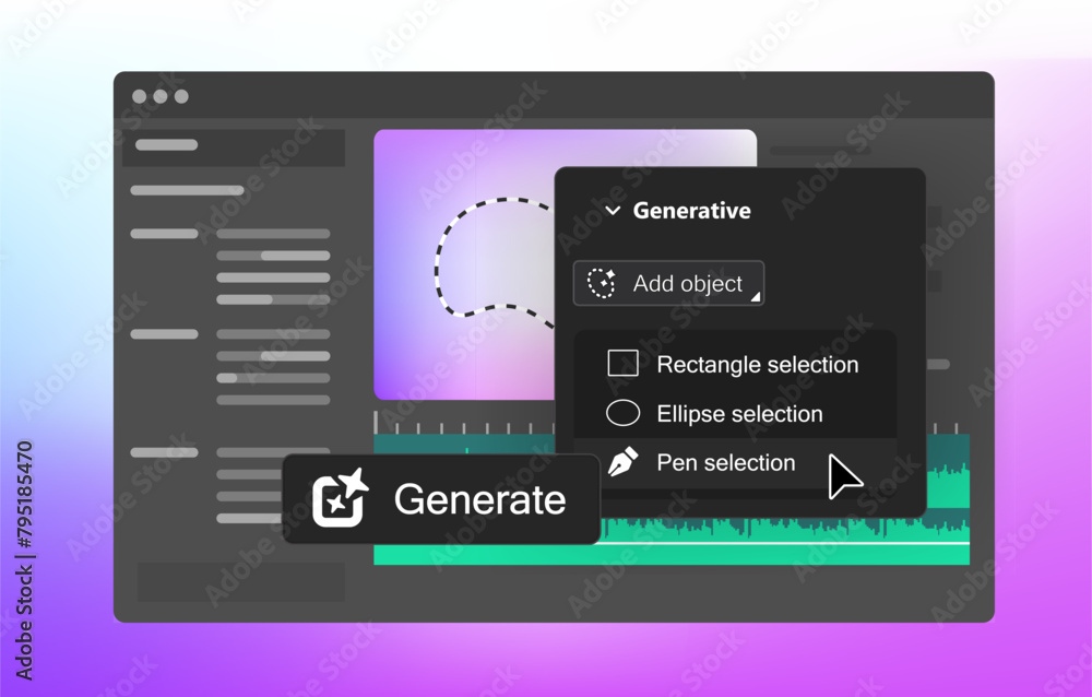 Poster new ai generative features in video editor. object selection tool. generate button. vector illustrat