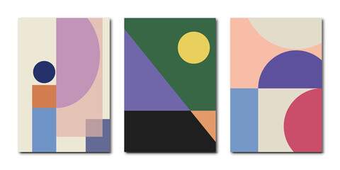 Flat posters. Abstract trendy universal art patterns. Various geometric shapes in pleasant colors. Good for cover, invitation, banner, poster, brochure, placard, card, flyer and more...