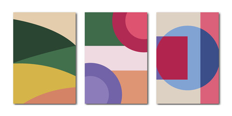 Flat posters. Abstract trendy universal art patterns. Various geometric shapes in pleasant colors. Good for cover, invitation, banner, poster, brochure, placard, card, flyer and more...