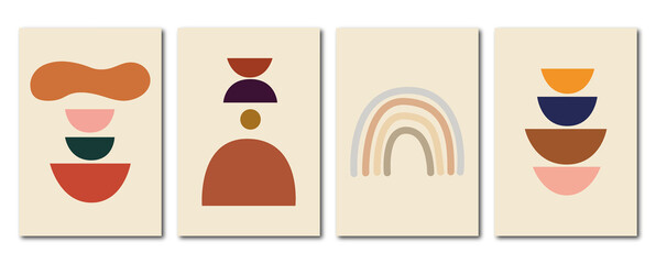 Flat abstract posters. Minimalist illustrations with shadow, geometric shapes, lines and pastel colors. In vintage style. Design for wall decoration, cardboard, poster or brochure...