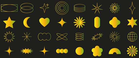 Flat icons on a black background. Collection of abstract geometric symbols in yellow green gradient. y2k style. Elements for the design of notes, posters, stickers, logos, business cards...