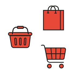 Flat illustration. A set of icons of shopping baskets of different shapes. Red collection. Suitable for online store, stickers and as an independent drawing..
