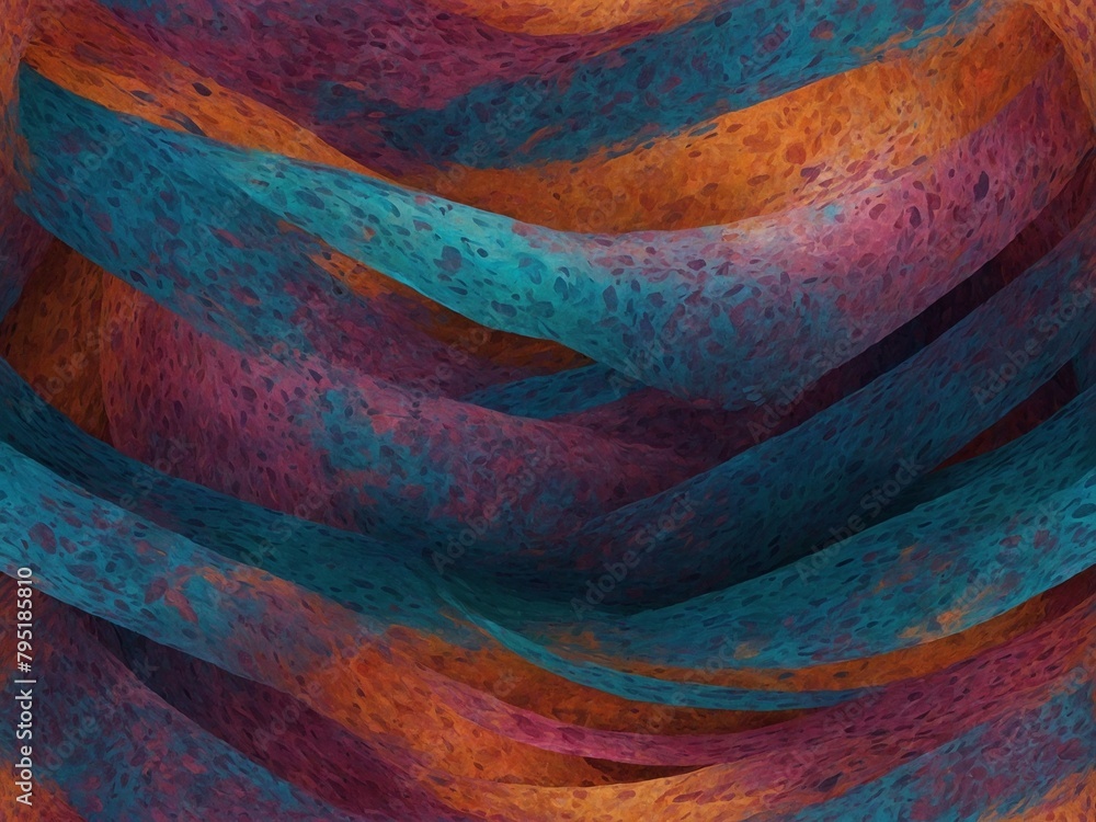 Poster mesmerizing array of intertwining ribbons, painted with vibrant mix of colors, dominates image. each