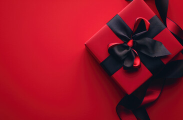 Black gift box with a red ribbon on the right side of the picture, red background, top view, banner design, space for text, flat lay.