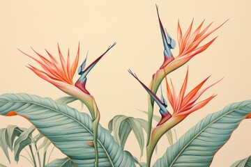 Vintage drawing of bird of paradise pattern flower tropics sketch.