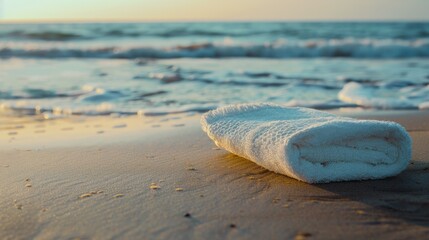 Towel on sandy shore as waves roll in