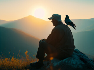 AI generated image of pigeon sitting on shoulder of mature old man during sunset, Love personified: Affection and bond captured between a person and their faithful pigeon companion