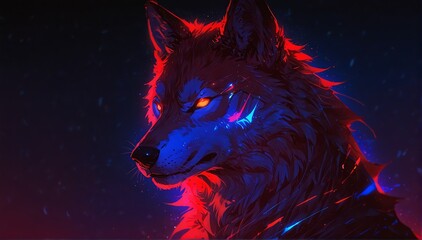 portrait of red holographic glowing neon wolf on dark background from Generative AI