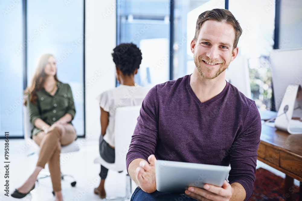 Poster business man, tablet and planning in office or workspace with digital software for public relations 