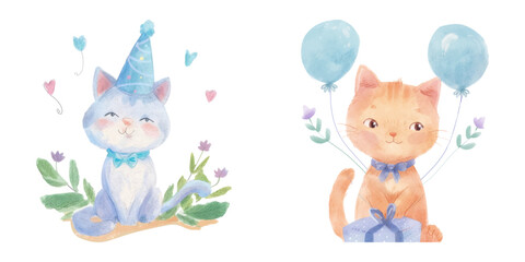 cute cat birthday party watercolor vector illustration