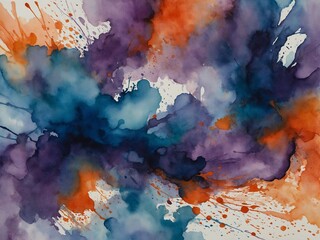 Vivid splashes, splatters of orange, purple, teal watercolor paint explode across white background. Colors blend, bleed into one another, creating sense of movement, energy.