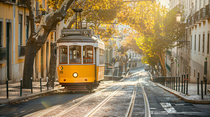 Yellow vintage tram on the street in Lisbon Portugal. - obrazy, fototapety, plakaty