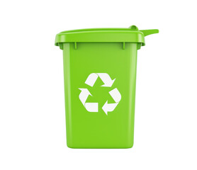 Green rubbish bin for recyclable materials, often used with the phrase reduce, reuse, recycle for environmental awareness