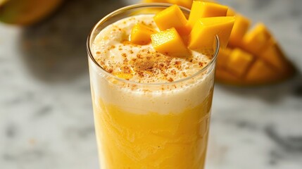 A vibrant mango lassi, with ripe mango pulp, yogurt, milk, and a touch of honey, blended with ice and served in a tall glass with a mango slice and a sprinkle of ground cardamom for garnish, offering 