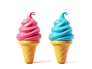 A sweet pink ice cream cone, colorful ice cream. a refreshing summer treat. on white background. Style 3D rendering. with clipping path