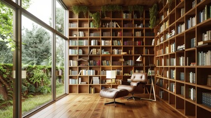 Elegant home library with floor-to-ceiling bookshelves and lush garden view