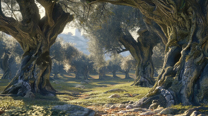 A forest of olive trees with a path in between