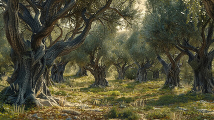 A forest of olive trees with a lot of sunlight shining through the leaves