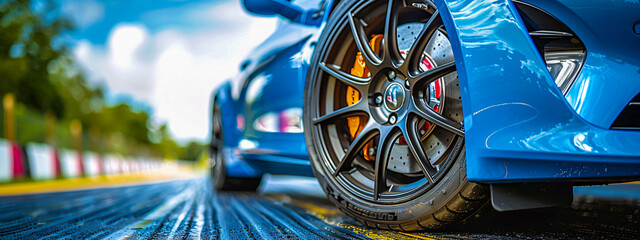 Luxury Sports Car Detailing, Close-Up of Wheels and Brakes, High-Performance Vehicle Concept - obrazy, fototapety, plakaty