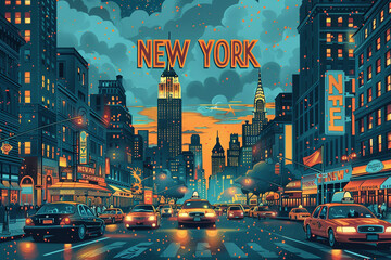 New York poster with text NEW YORK in cinzel font, in the style of graphic design-inspired illustrations