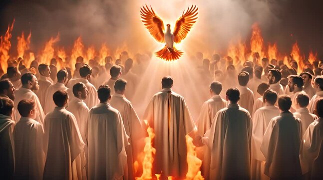 Pentecost Sunday The Holy Spirit Comes as Tongues of Fire. Digital illustration of the Holy Spirit descending on the believers. Rear view