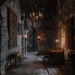 Medieval Tower Room Experience: Tapestries on Walls with Antique Writing Desk