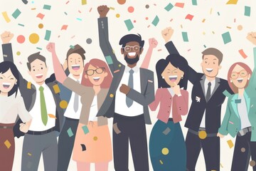 Happy group of business people celebrating success with confetti. Teamwork Concept with Copy Space. 