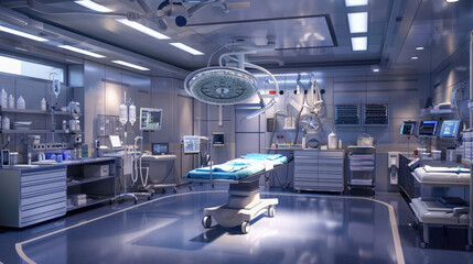 Fototapeta premium A hospital room with a blue bed and a large overhead light