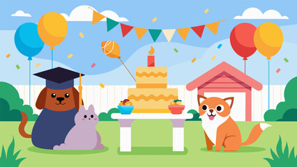 Fototapeta premium A backyard party complete with balloons cake and decorations to celebrate a family pets graduation from training and their improved behavior.