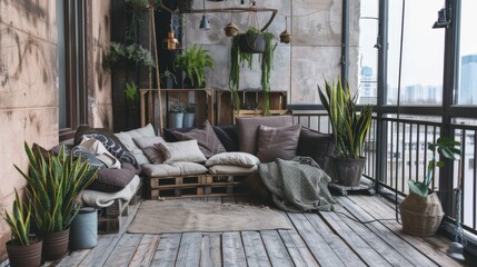 Fototapeta premium Cozy industrial-style balcony with lush plants and rustic furniture overlooking the city