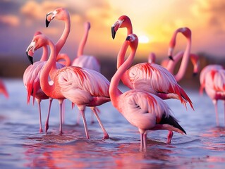A group of flamingos are standing in a body of water, with the sun setting in the background