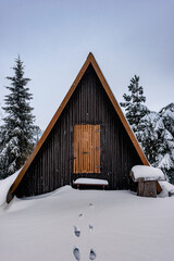 Scenic view of modern wooden barn covered with snow after blizzard, Snowy serenity envelopes a rustic barn, marked by visible traces