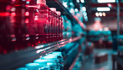 A shelf of brightly colored bottles with a blurry background