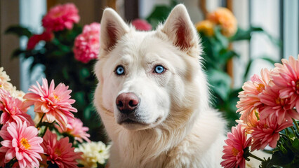 Surrounded by serene white walls and artwork, the pet radiates warmth and adorable companionship.