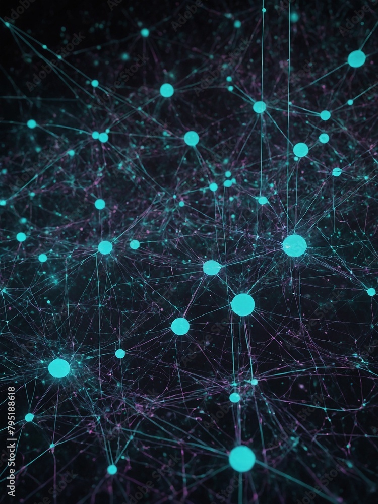 Poster vast network of interconnected nodes stretches across dark background. nodes, glowing with ethereal 