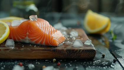 A piece of salmon is on a wooden cutting board with a lemon and parsley on top