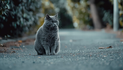 A cat is sitting on the road, looking at the camera